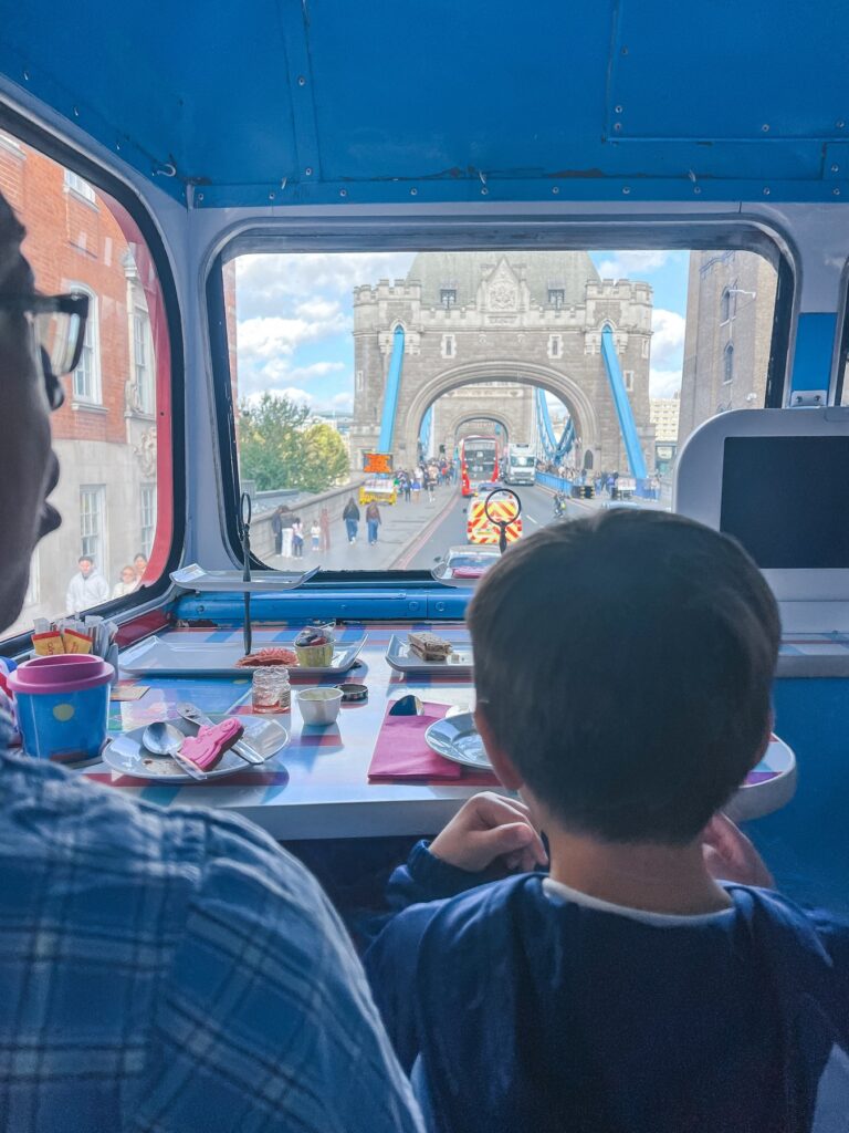 View of Tower Bridge from the back window of the Peppa Pig bus tour in London