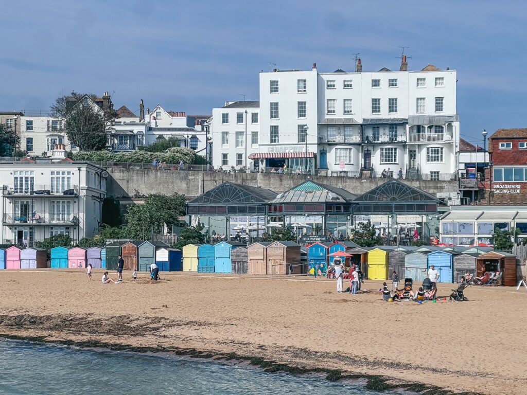 Viking Bay sandy beach and beach huts in Broadstairs