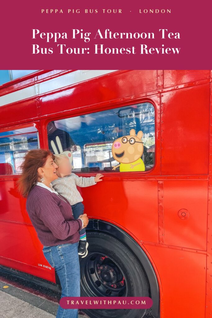 Peppa Pig afternoon tea bus tour in London: my honest review, the red bus with Peppa Pig characters in the window